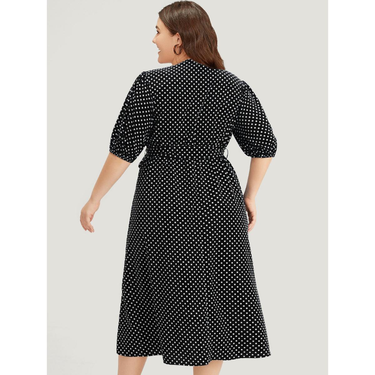 Plus Size Polka Dot Belted Lantern Sleeve Surplice Neck Dress Black Women Office Elastic cuffs V-neck Short sleeve Curvy Midi Dress BloomChic 14-16/1X Product Image