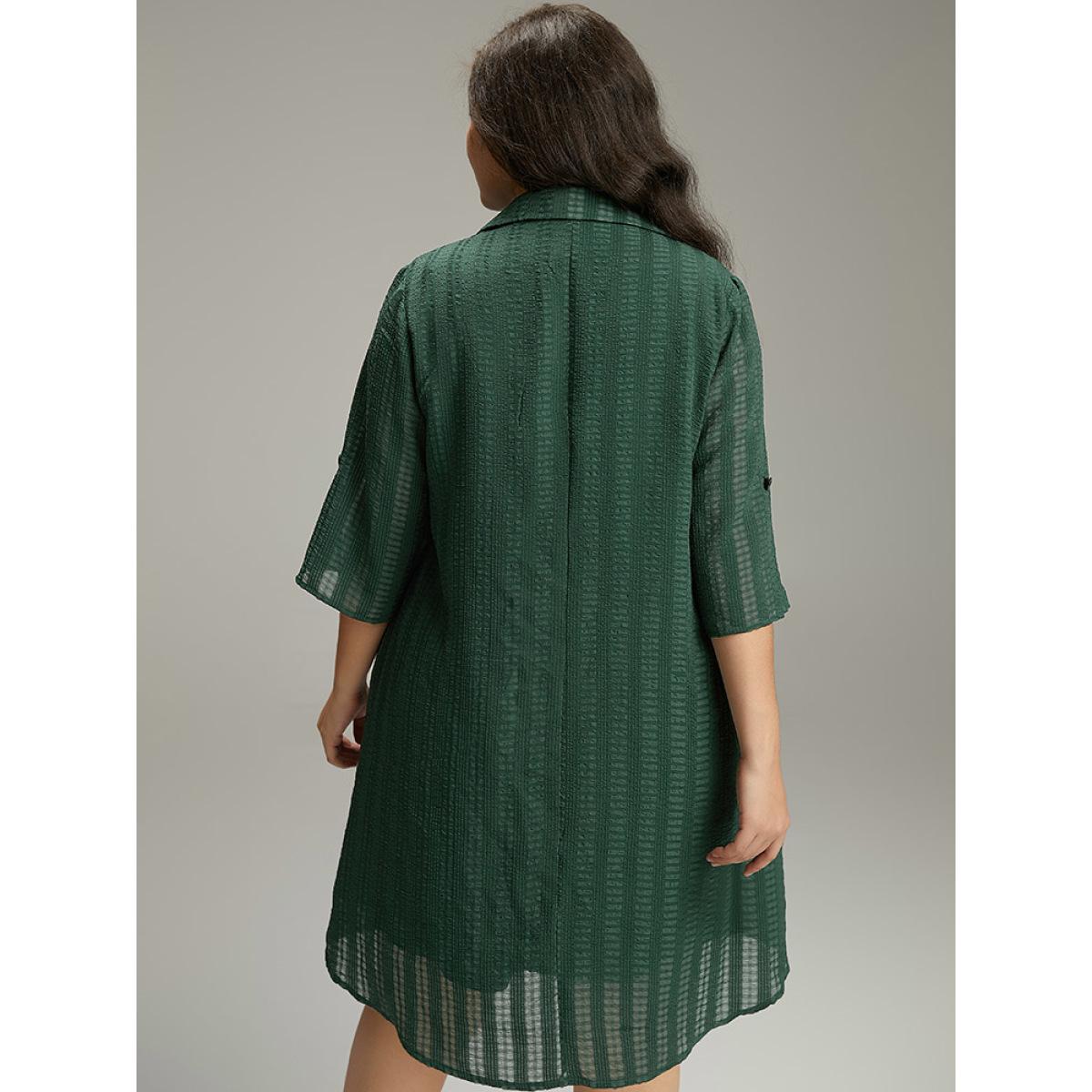 Plus Size Solid Textured Pocket Tab Sleeve Arc Hem Dress Cyan Women Office See through Shirt collar Elbow-length sleeve Curvy Knee Dress BloomChic 18-20/2X Product Image