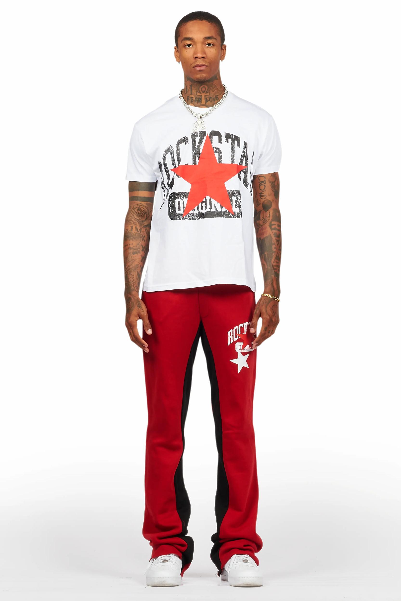 Mallor White/Burgundy T-Shirt/Stacked Baggy Track Pant Set Male Product Image