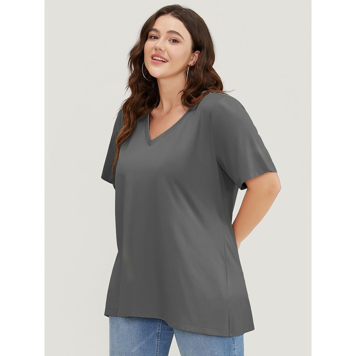Plus Size UltraCool V Neck Slightly Stretchy T-shirt Gray Women Basics Plain V-neck Dailywear T-shirts BloomChic 30/6X Product Image