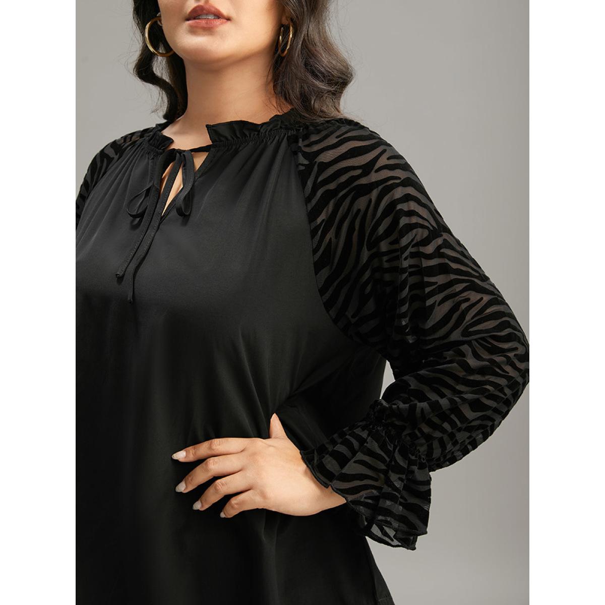 Plus Size Black Halloween Zebra Print Tie Neck Frill Trim Patchwork Blouse Women Elegant Long Sleeve Tie Neck Dailywear Blouses BloomChic 26/4X Product Image