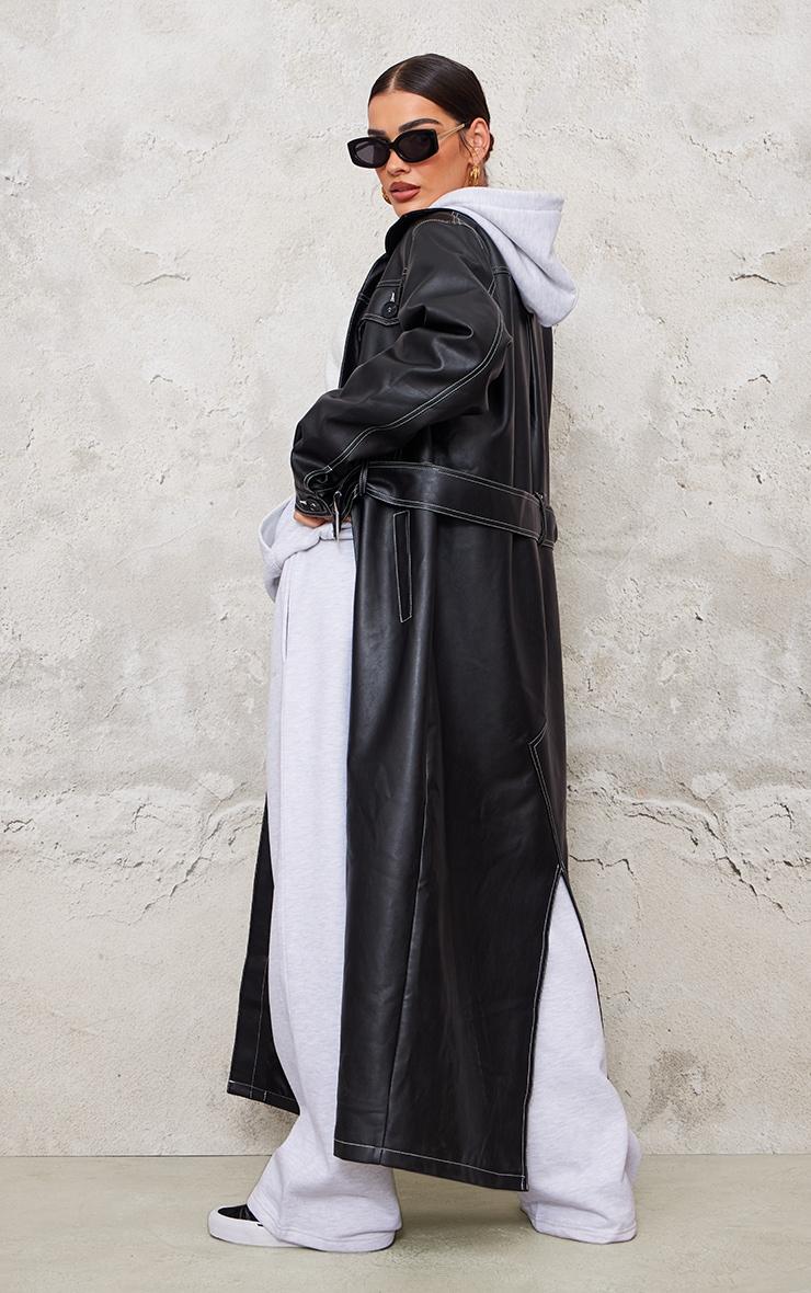Black Faux Leather Contrast Stitch Split Hem Trench Coat Product Image