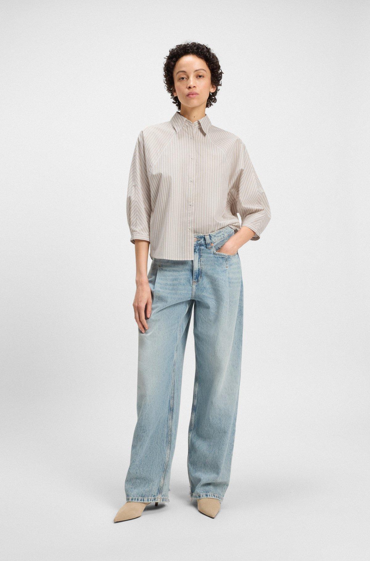 BOSS - Relaxed-fit blouse in striped cotton poplin - Brown Product Image