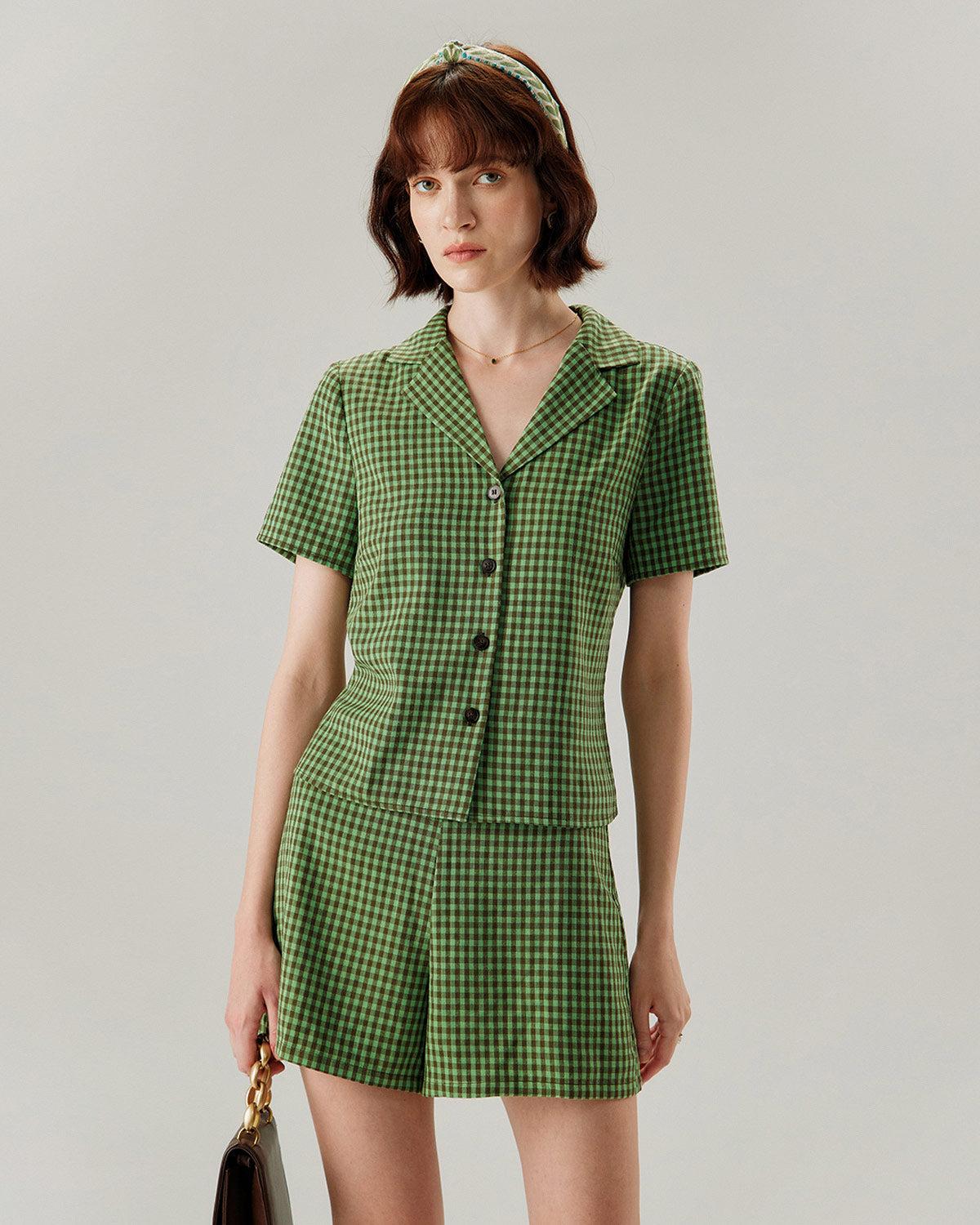 Green Lapel Plaid Short Sleeve Blouse Product Image