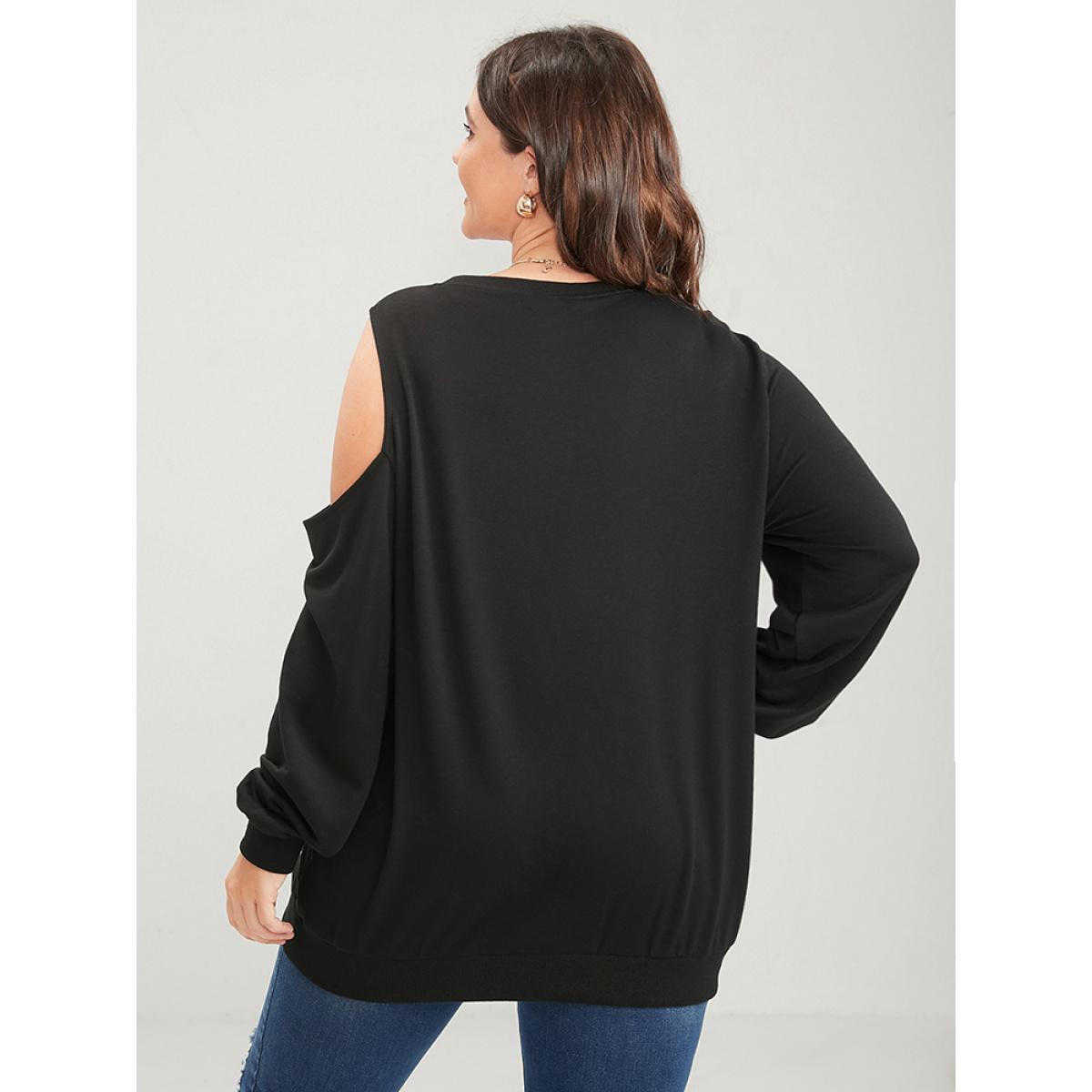 Plus Size Solid Button Detail Cut Out Sweatshirt Women Black Casual Button Round Neck Dailywear Sweatshirts BloomChic 28/5X Product Image