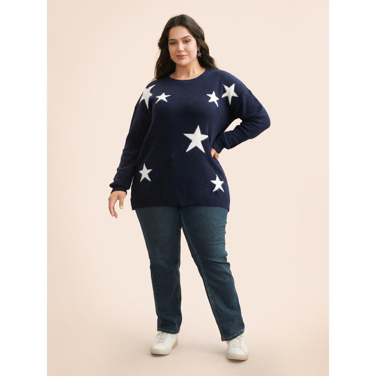 Plus Size Star Jacquard Crew Neck Pullover Indigo Women Casual Loose Long Sleeve Round Neck Everyday Pullovers BloomChic 18-20/2X Product Image