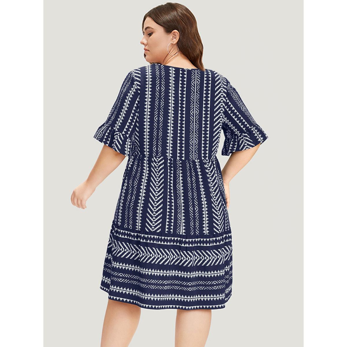 Plus Size Striped Geo Patchwork Pocket Bell Sleeve Dress DarkBlue Women Vacation Patchwork V-neck Short sleeve Curvy Knee Dress BloomChic 22-24/3X Product Image