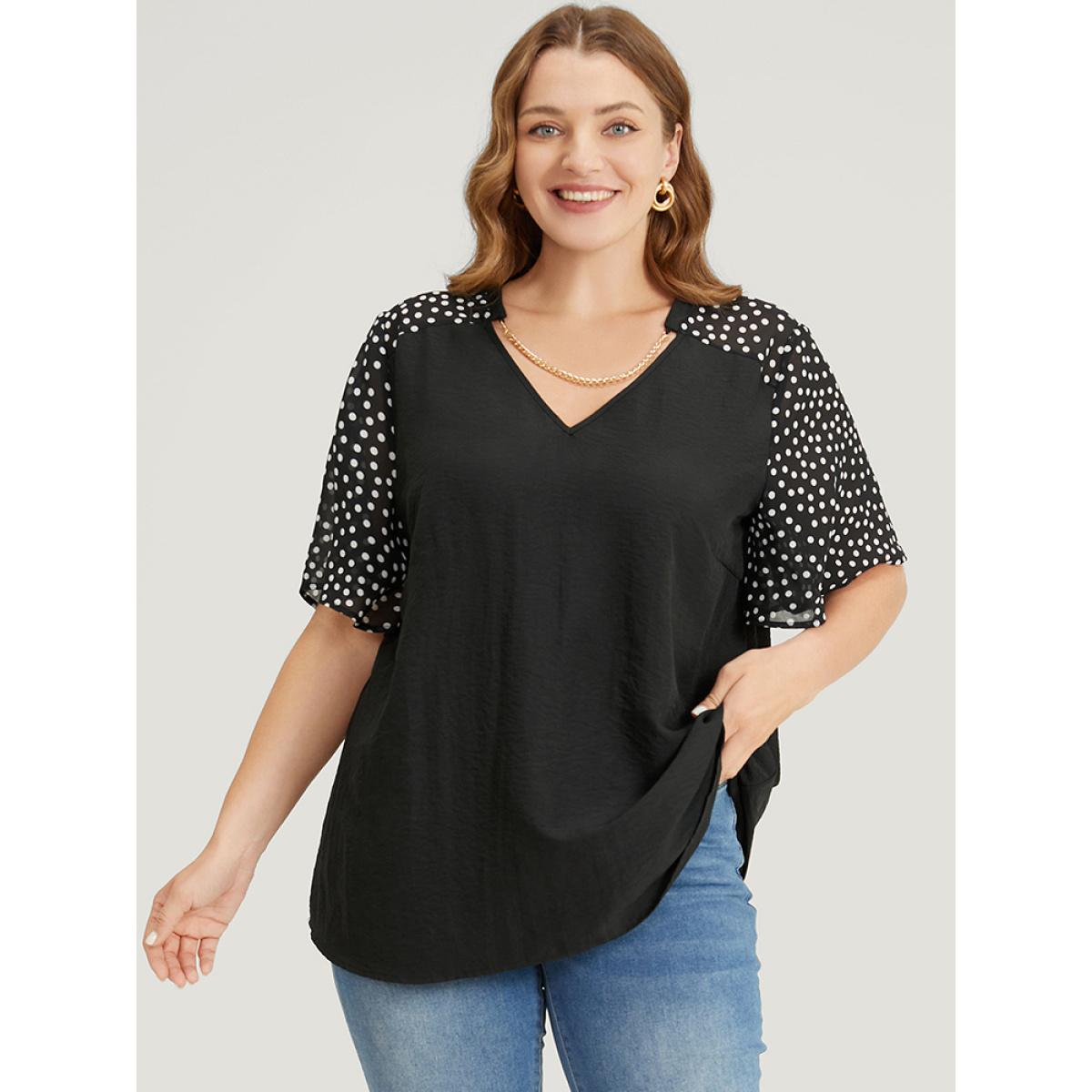 Plus Size Black Polka Dot Patchwork Flutter Sleeve Chain Detail Blouse Women Elegant Short sleeve V-neck Dailywear Blouses BloomChic 30/6X Product Image