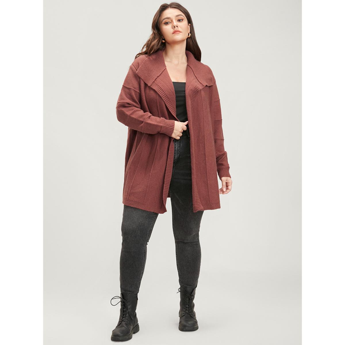 Plus Size Solid Soft Sexy Yarn Knit Lapel Collar Open Front Cardigan Maroon Women Casual Loose Long Sleeve Dailywear Cardigans BloomChic 14-16/1X Product Image