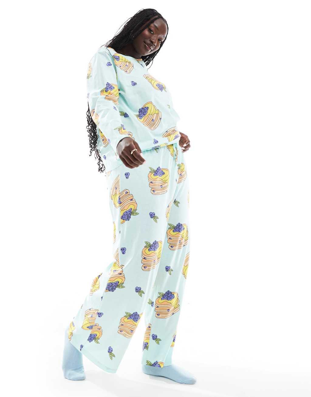 ASOS DESIGN Curve pancakes long sleeve top & pants pajama set in blue Product Image