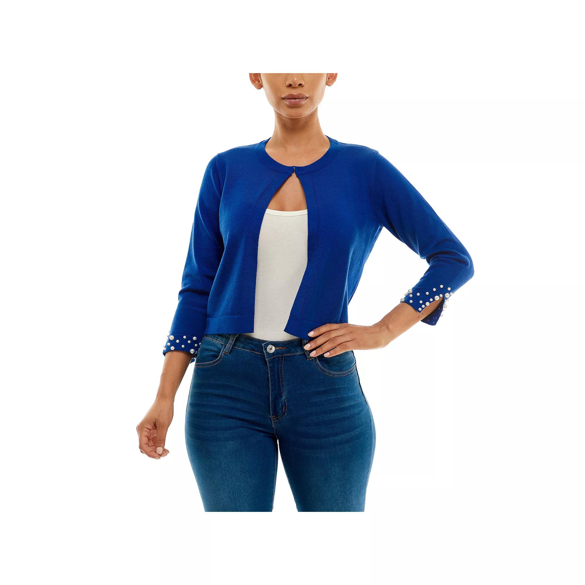 Women's Nina Leonard Simulated-Pearl Trim Bolero, Size: Large, Blue Product Image