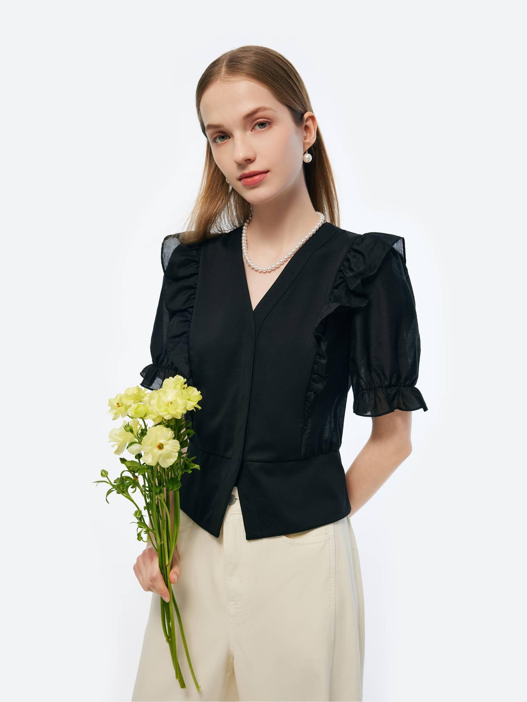 Tencel Blend Puff Sleeve Women Ruffe Patchwork Top Product Image