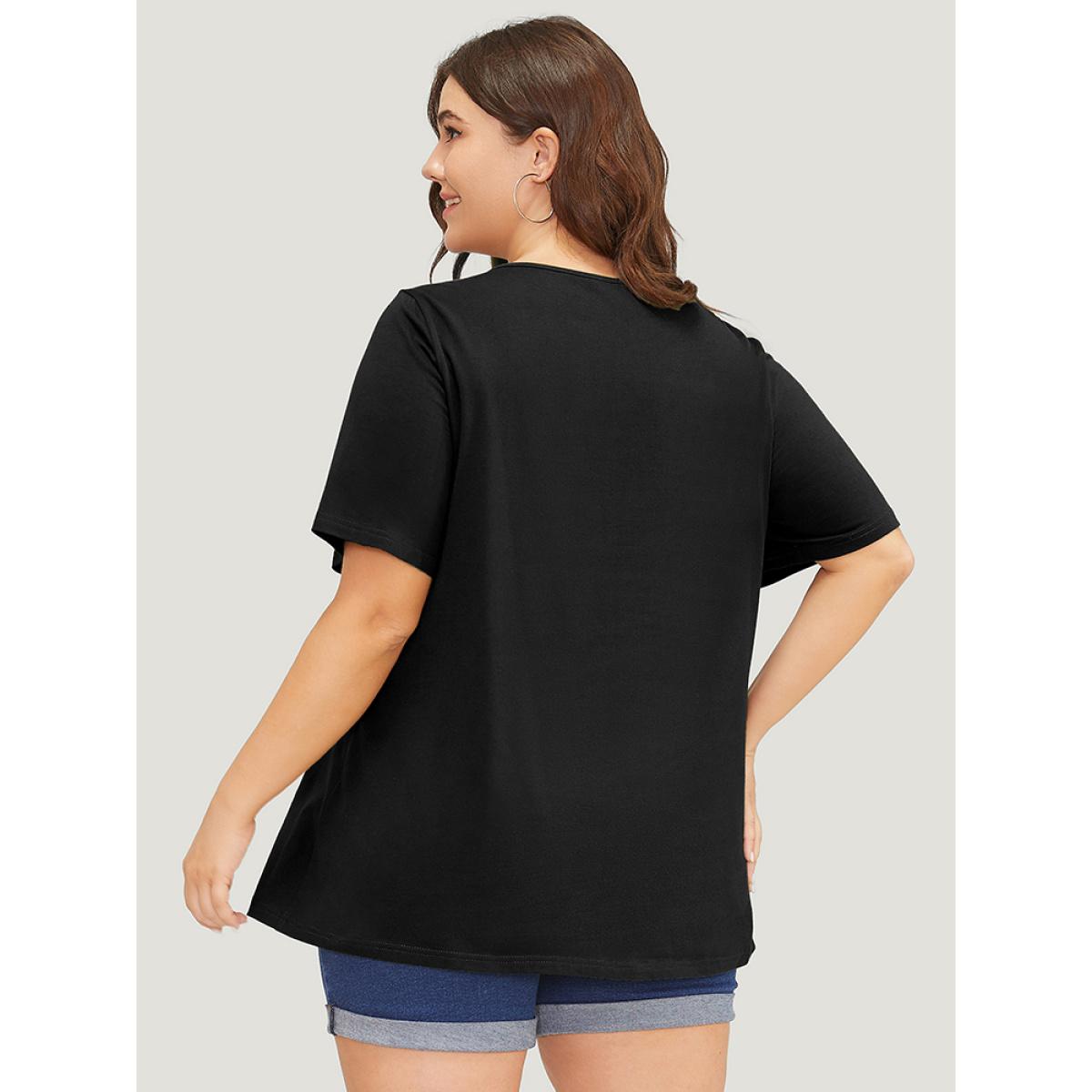 Plus Size Plain Cut Out Short Sleeve T-shirt Black Women Casual Cut-Out Plain Round Neck Dailywear T-shirts BloomChic 12/L Product Image