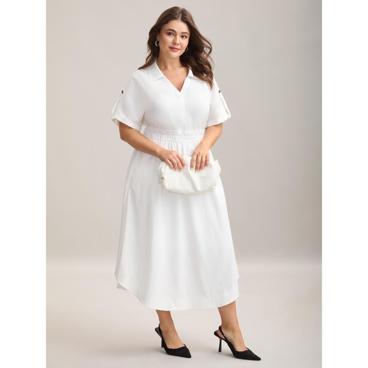 Plus Size Woven Shirred Waist Solid Collar Midi Dress Originalwhite Women Shirt collar Short sleeve Curvy BloomChic 18-20/2X Product Image