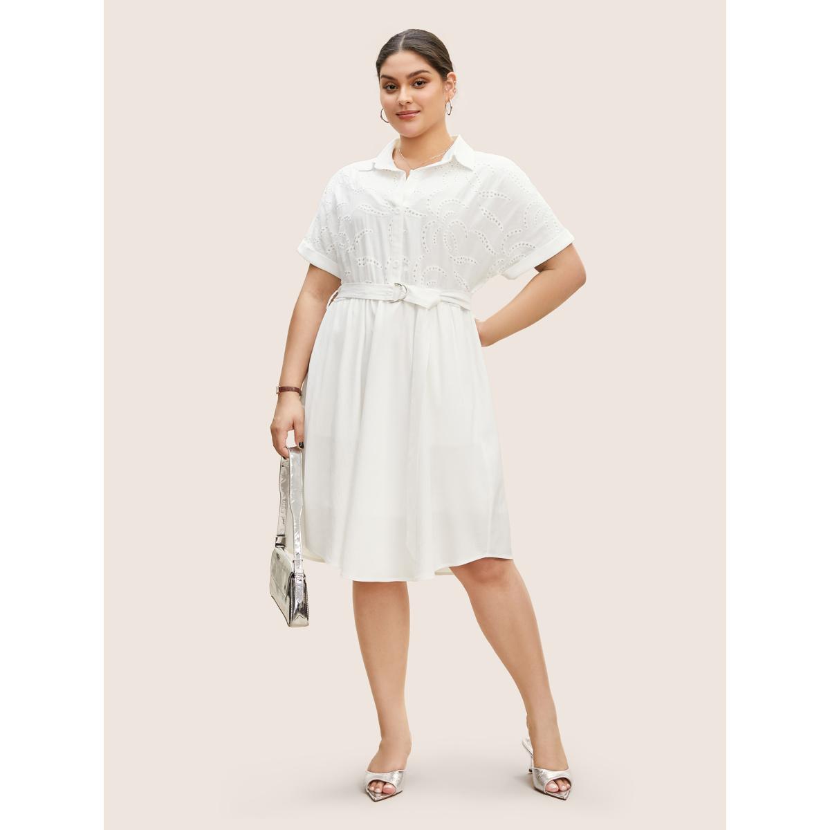 Plus Size Broderie Anglaise Shirt Collar Belted Dress Originalwhite Women Work From Home Belted Shirt collar Short sleeve Curvy BloomChic 22-24/3X Product Image