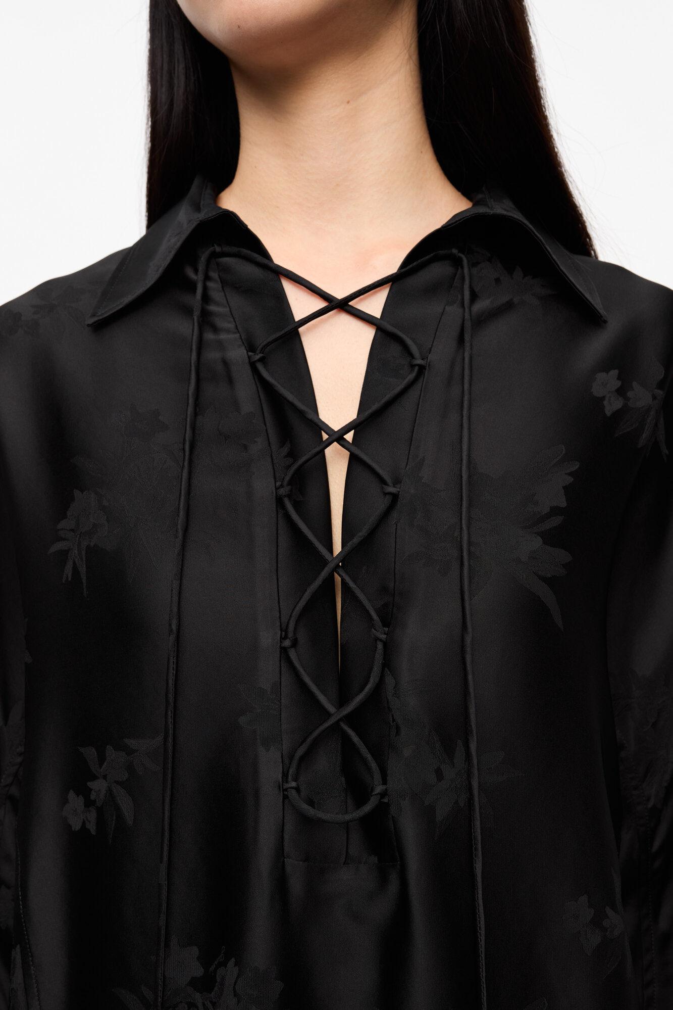 Black Satin Jacquard Tie String Shirt Product Image
