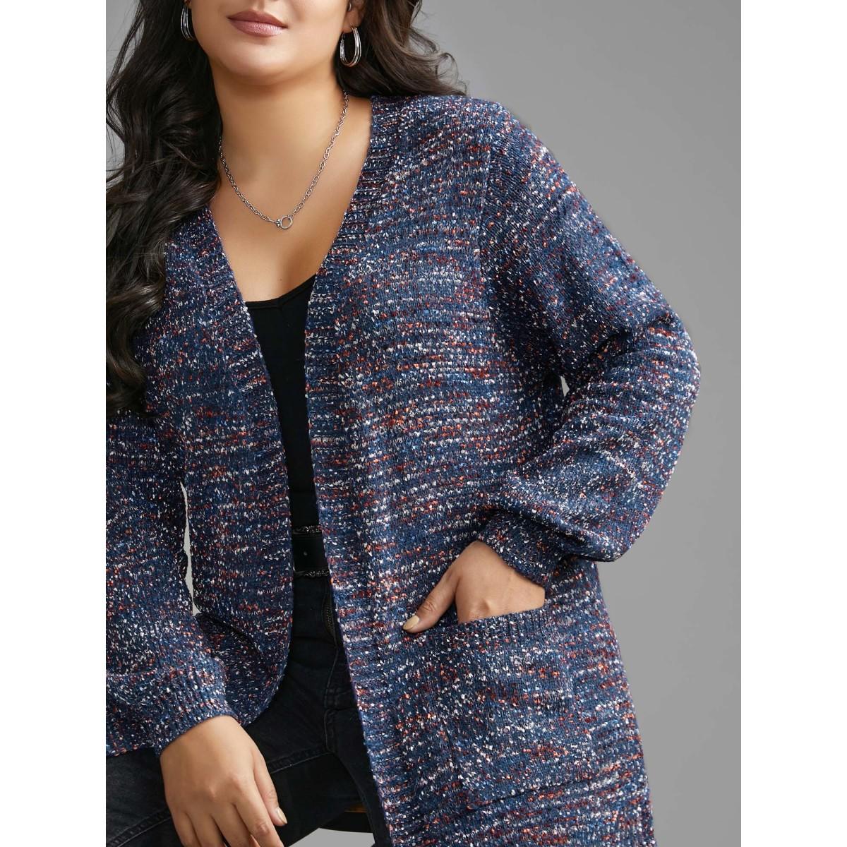 Plus Size Contrast Heather Texture Patch Pocket Cardigan Aegean Women Casual Loose Long Sleeve Everyday Cardigans BloomChic 28/5X Product Image