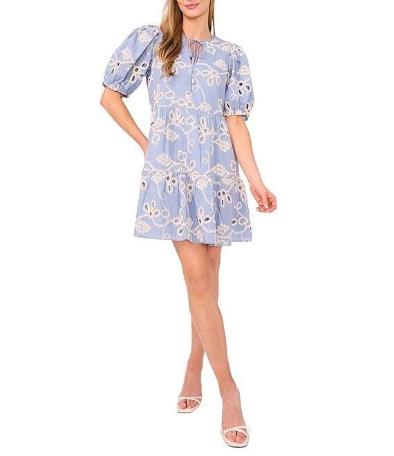 CeCe Woven V-Neck Short Puff Sleeve Floral Embroidered Tiered A-Line Dress Product Image