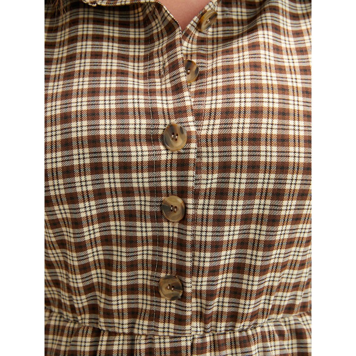 Plus Size Gingham Pocket Button Up Shirt Collar Dress Without Belt Bronze Women Office Pocket Shirt collar Long Sleeve Curvy Midi Dress BloomChic 26/4X Product Image