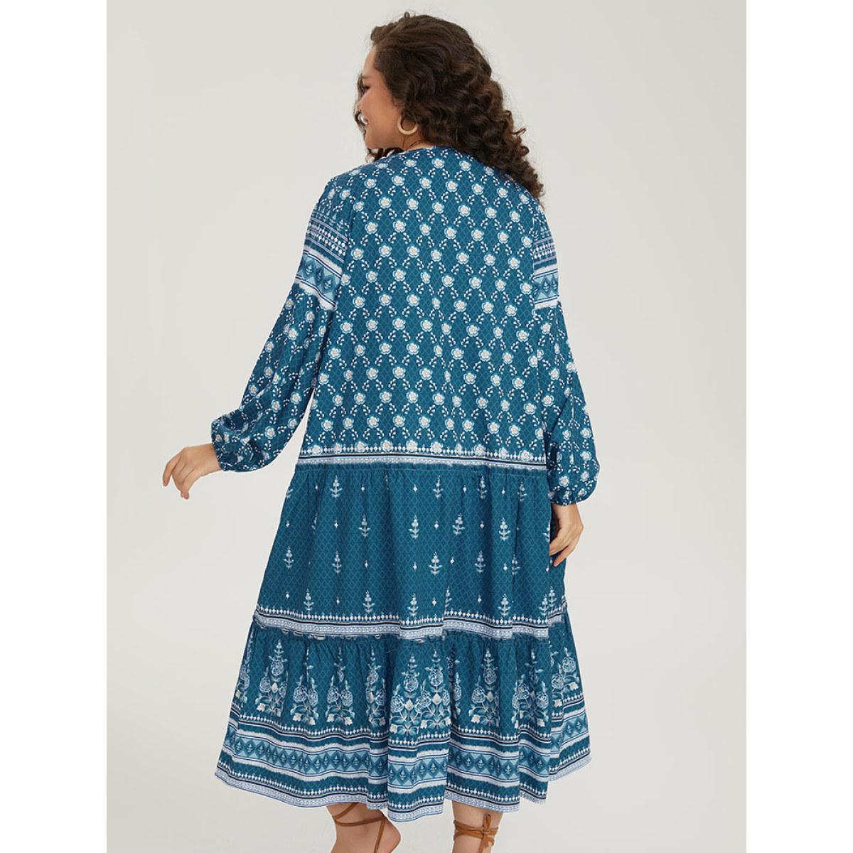 Plus Size Bandana Print Knot Neck Lantern Sleeve Dress Aegean Women Vacation Elastic cuffs Tie Neck Long Sleeve Curvy Midi Dress BloomChic 14-16/1X Product Image