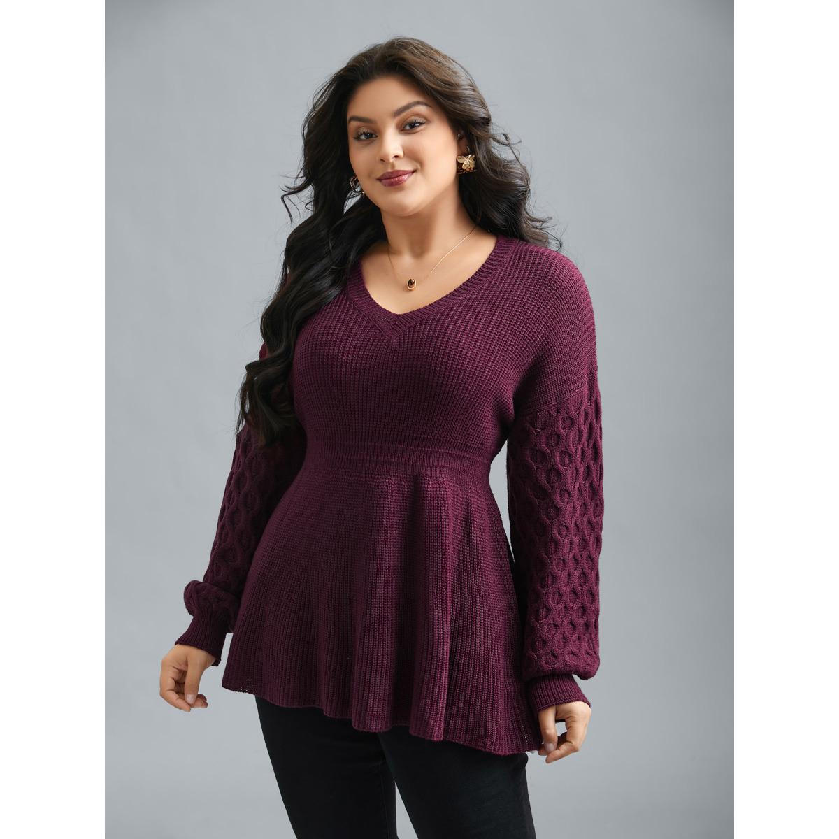 Plus Size Plain Ribbed Knit Waist Cinched Pullover Burgundy Women Timeless Bodycon Long Sleeve V-neck Elegant Pullovers BloomChic 26/4X Product Image