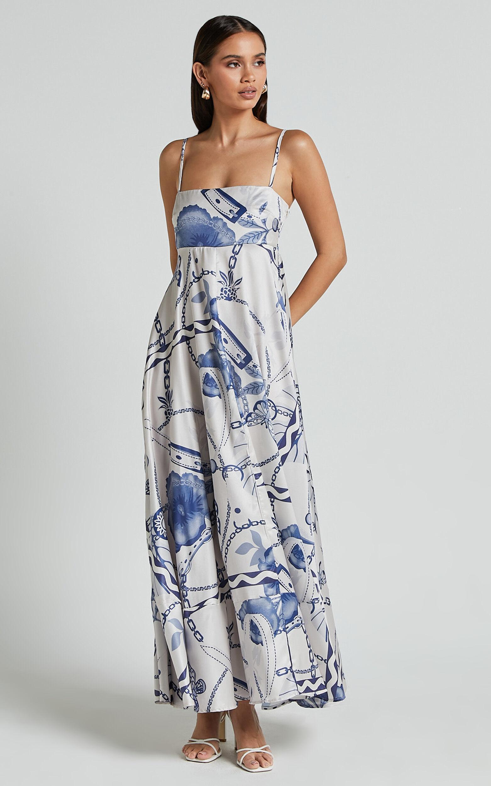 Yasmine Midi Dress - Straight Neck Sleeveless A Line Dress in Blue and White Porcelain Print Product Image