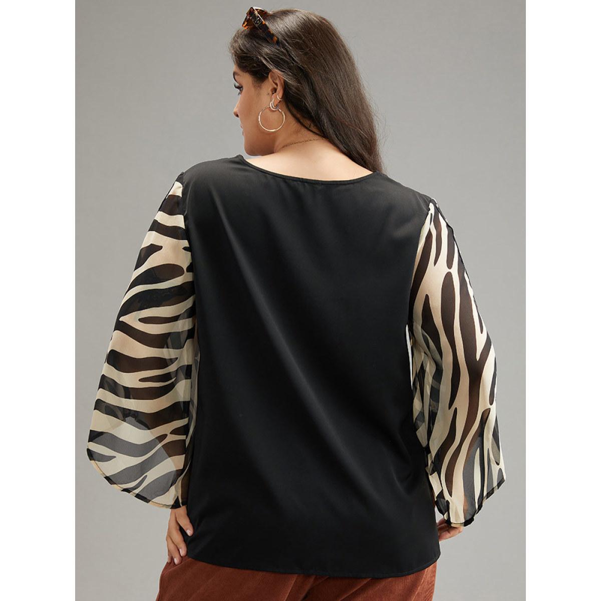 Plus Size Black Zebra Print Chiffon Patchwork Pearl Beaded Blouse Women Elegant Elbow-length sleeve V-neck Dailywear Blouses BloomChic 12/L Product Image