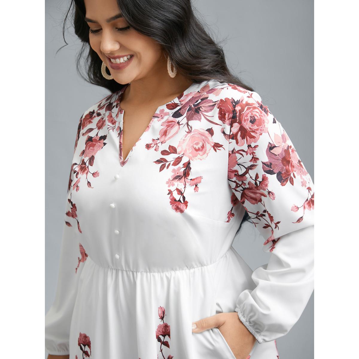 Plus Size Boho Print Lantern Sleeve Button Detail Dress Rosered Women Resort Button Flat collar with V-notch Long Sleeve Curvy BloomChic 10/M Product Image