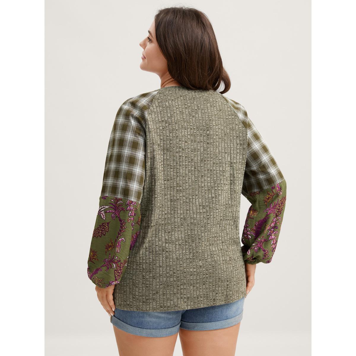 Plus Size Plaid Sleeve Color Contrast Textured Sweatshirt Women ArmyGreen Leisure Texture Round Neck Casual Sweatshirts BloomChic 12/L Product Image