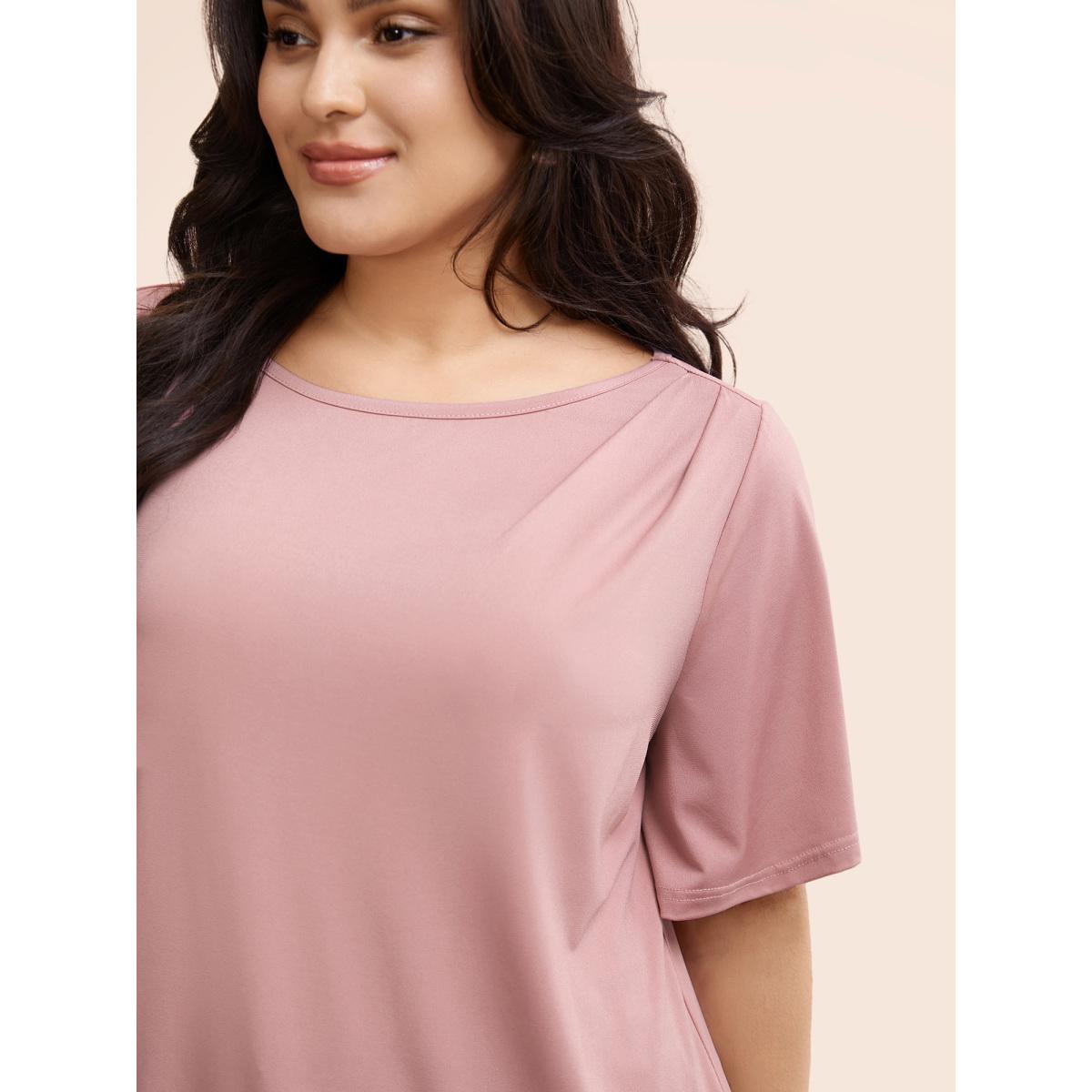 Plus Size Solid Round Neck Plicated Detail T-shirt Rouge Women Elegant Pleated Round Neck Everyday T-shirts BloomChic 22-24/3X Product Image