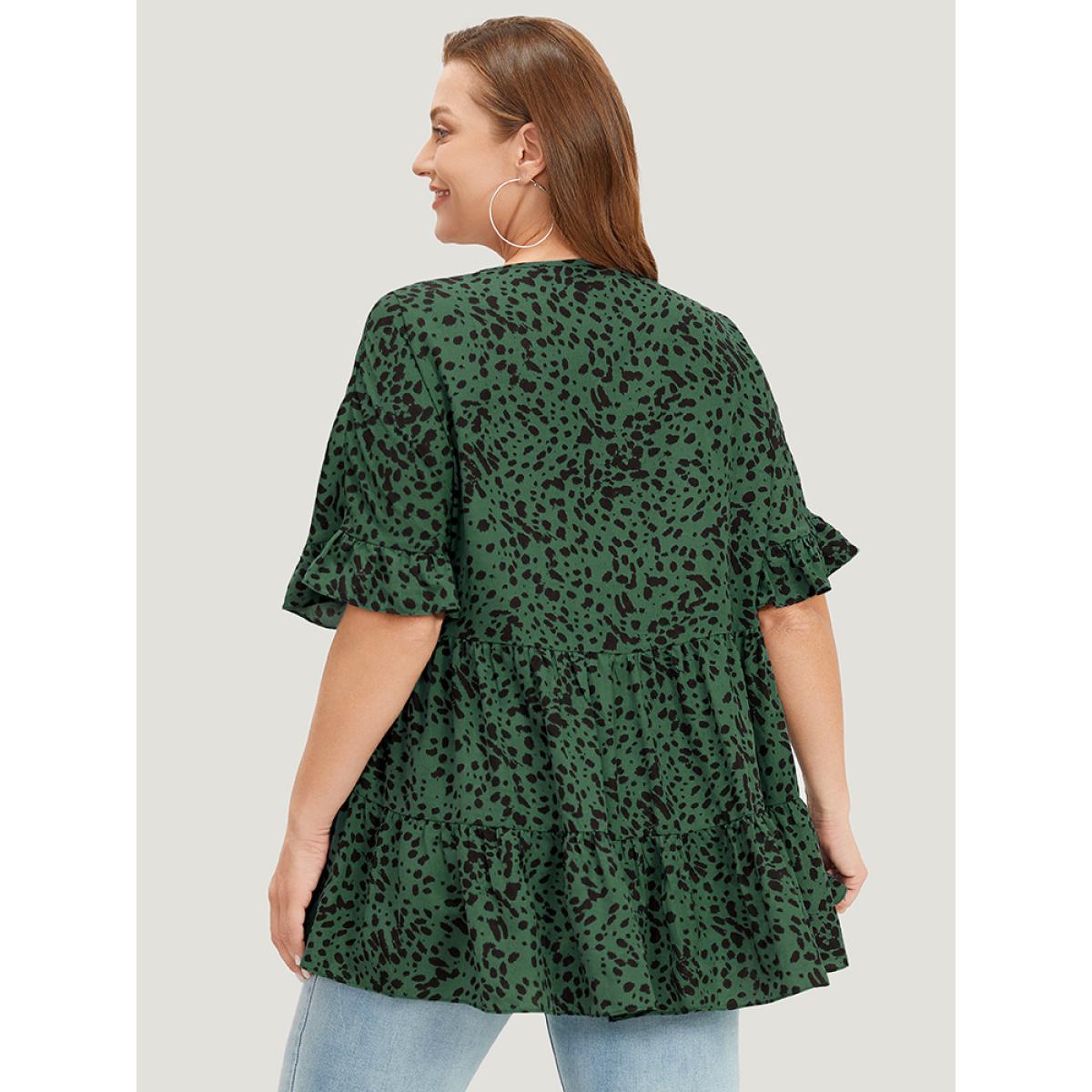 Plus Size Emerald Leopard Tiered Hem Notched Ruffle Sleeve Blouse Women Elegant Half Sleeve Notched collar Dailywear Blouses BloomChic 10/M Product Image