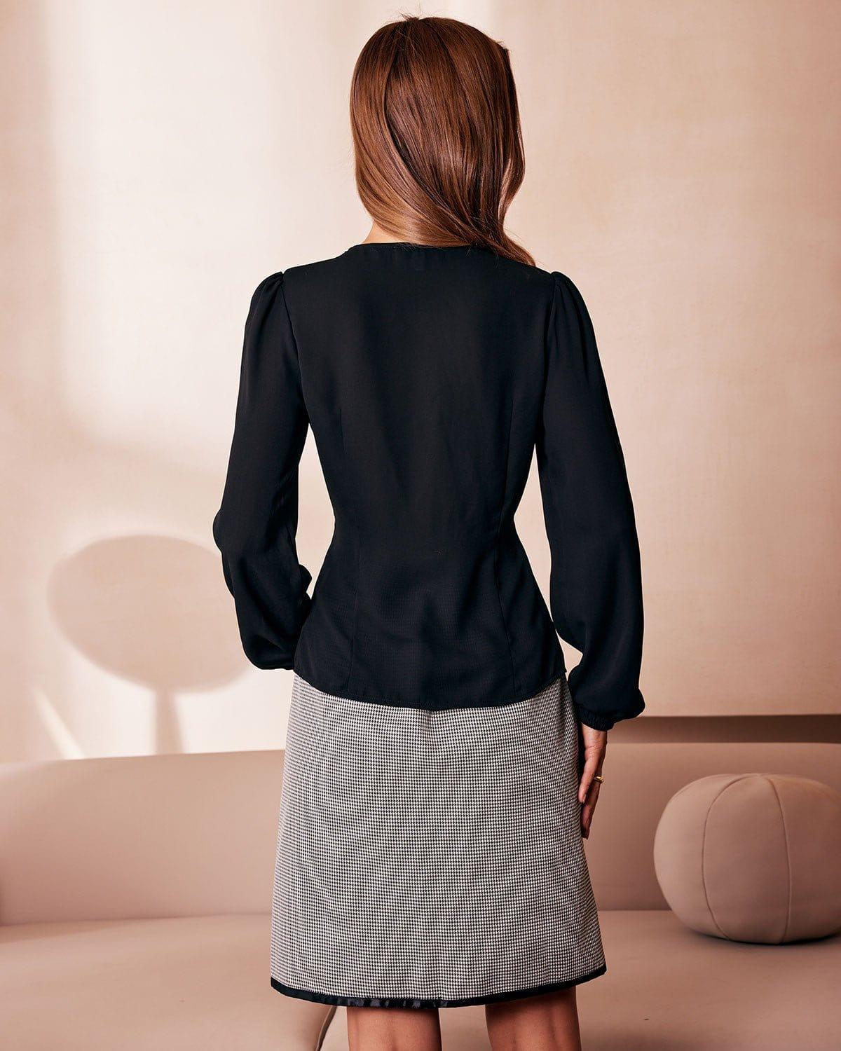 The Black V Neck Lace Trim Button Blouse Product Image