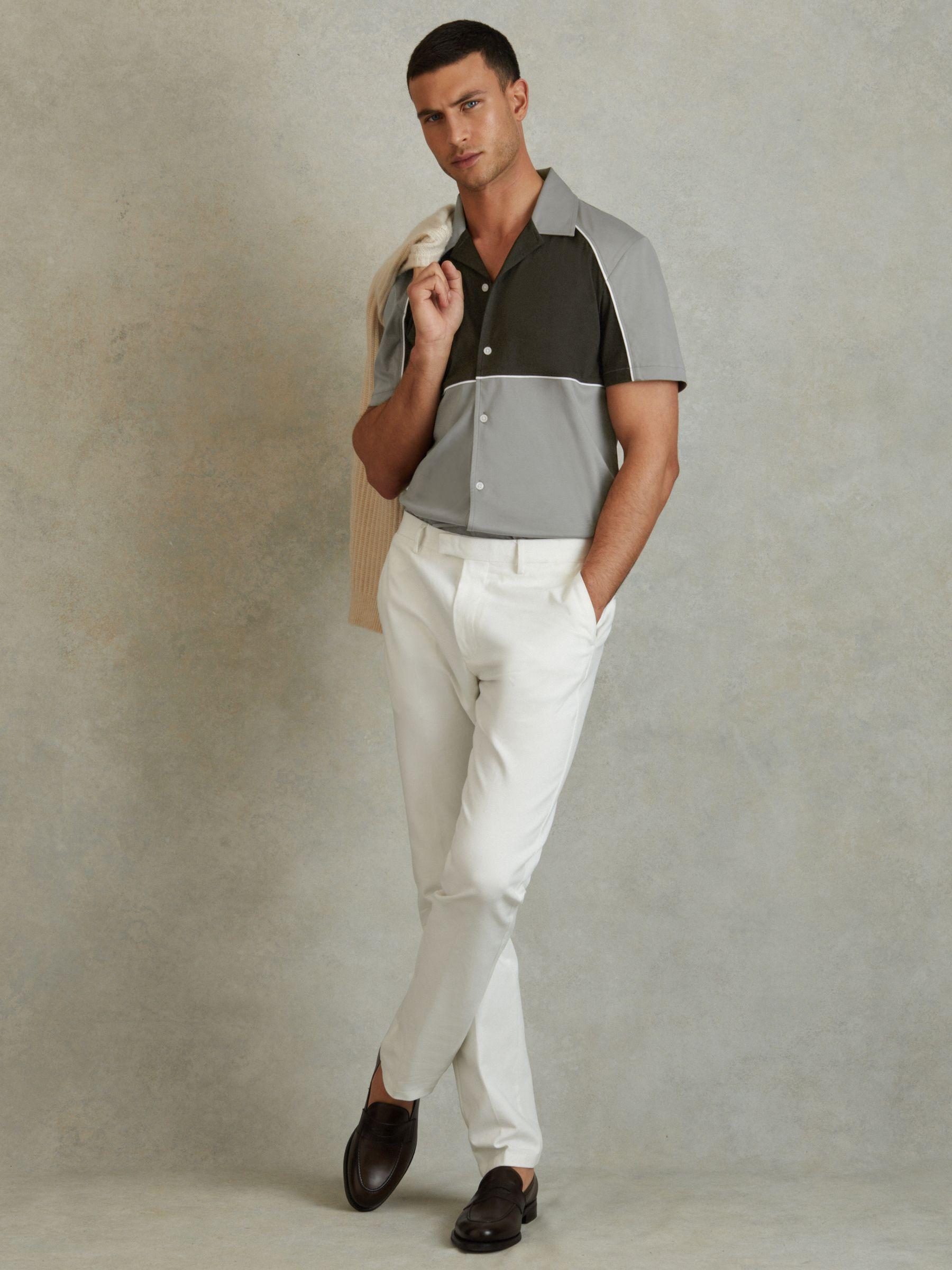 Mercerised Cotton Colourblock Cuban Collar Shirt in Sage Green Product Image