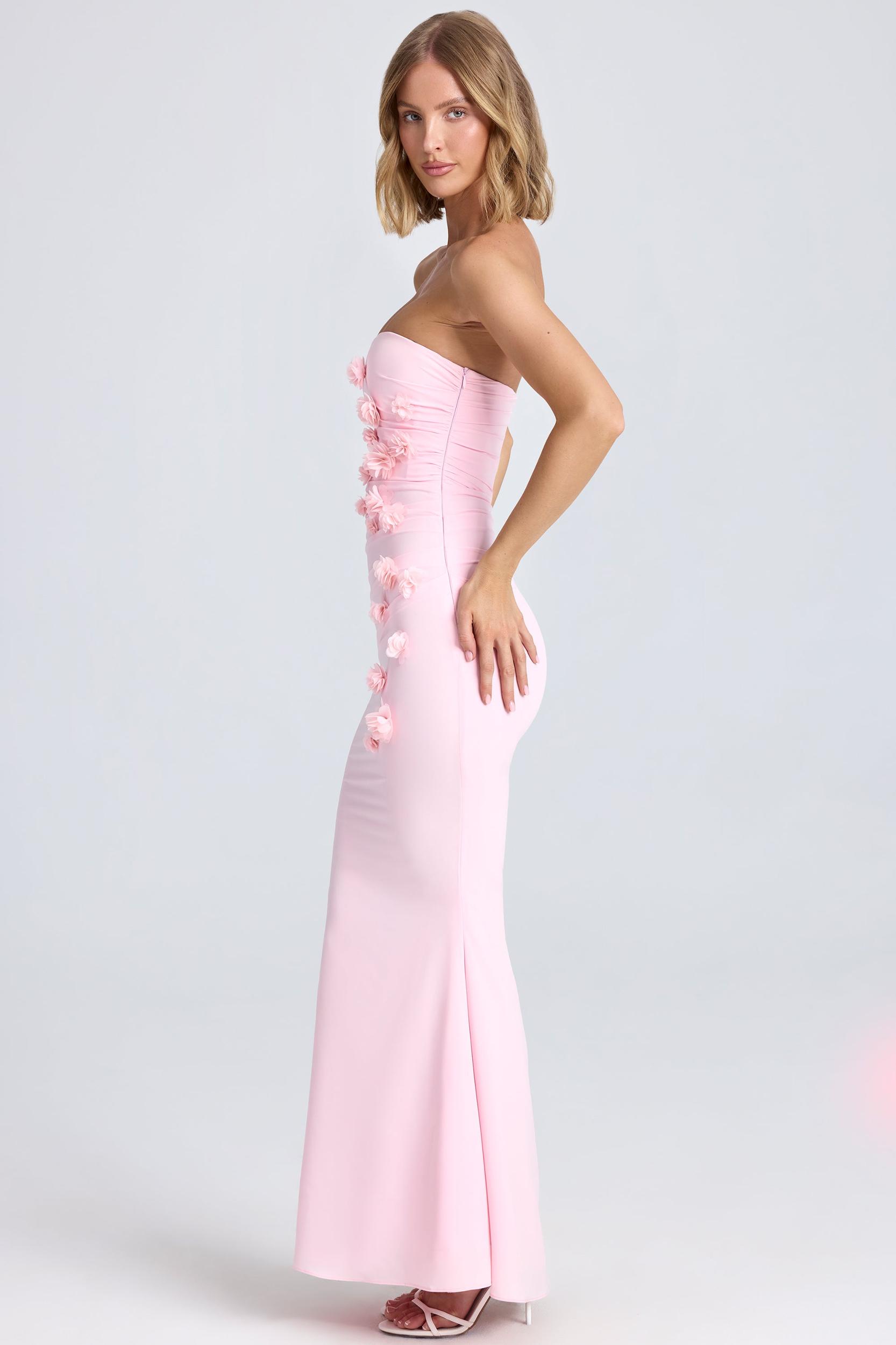 Draped Floral-Appliqué Maxi Dress in Blush Product Image