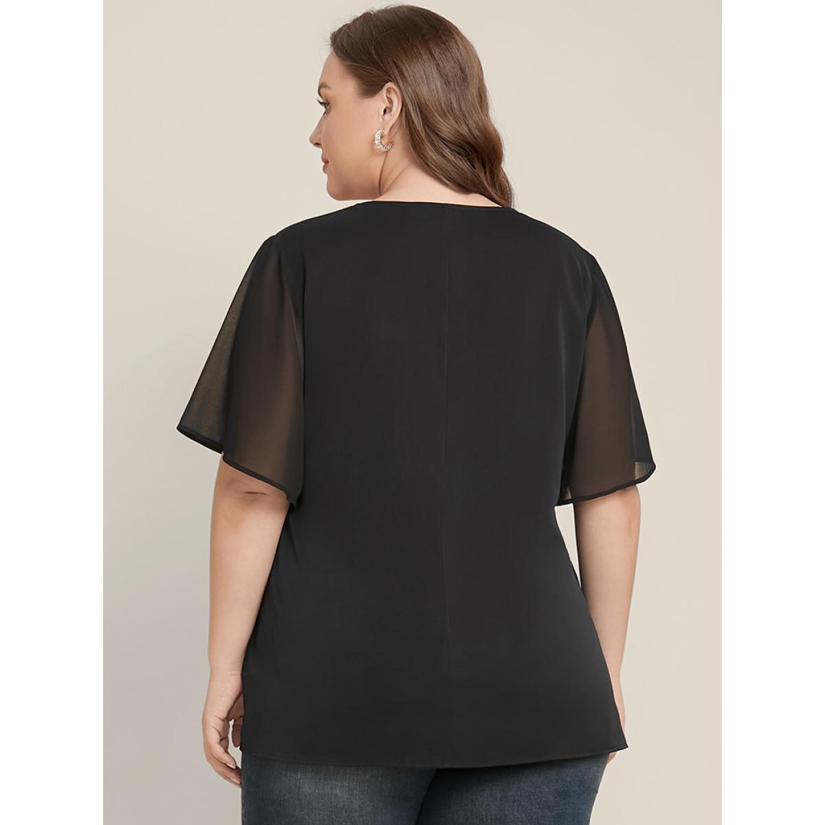 Plus Size Black Solid O Ring Zipper Mesh Ruffle Sleeve V Neck Blouse Women Office Short sleeve V-neck Work Blouses BloomChic 22-24/3X Product Image