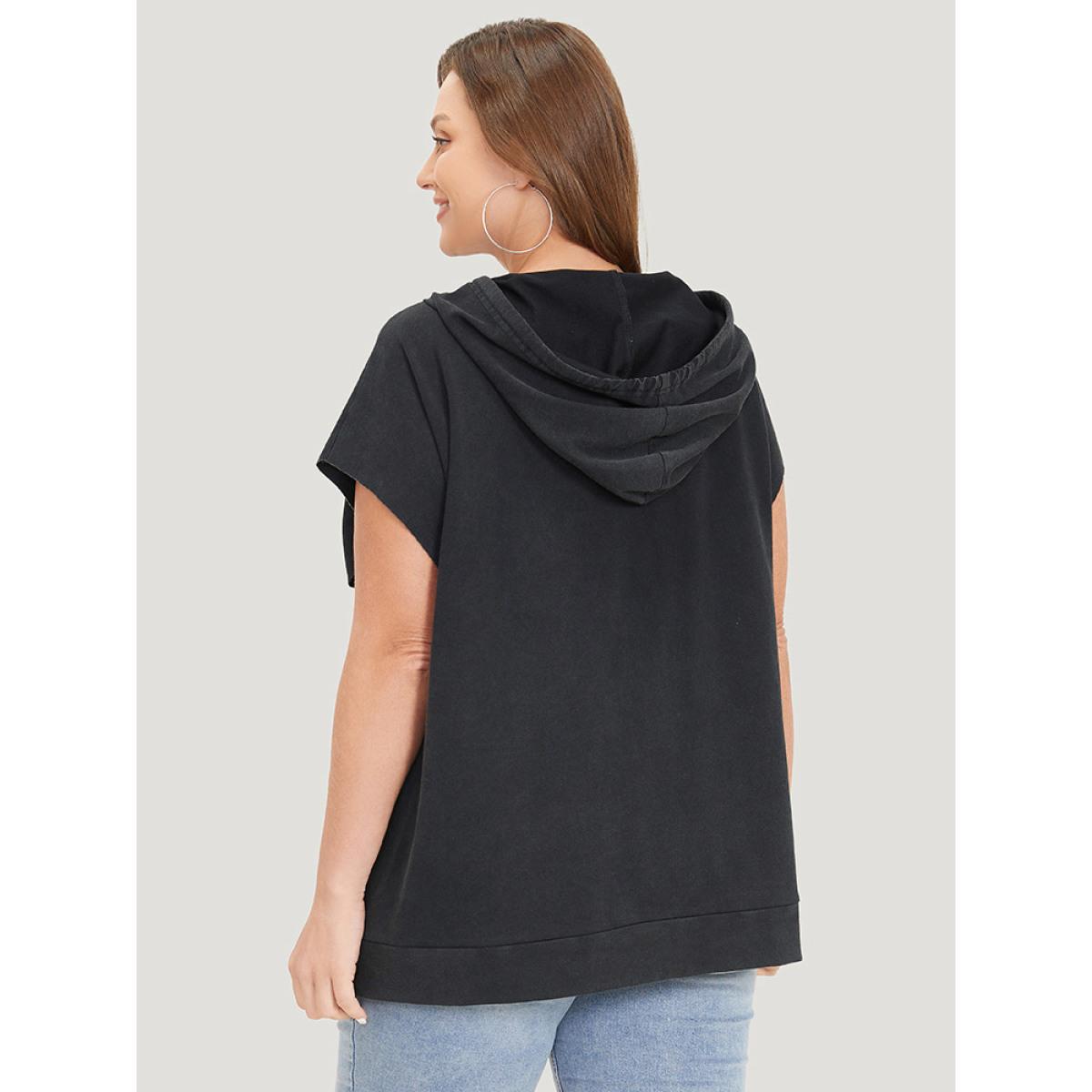 Plus Size Hooded Ties Pocket Batwing Sleeve T-shirt Black Women Casual Cross straps Plain Hooded Dailywear T-shirts BloomChic 10/M Product Image