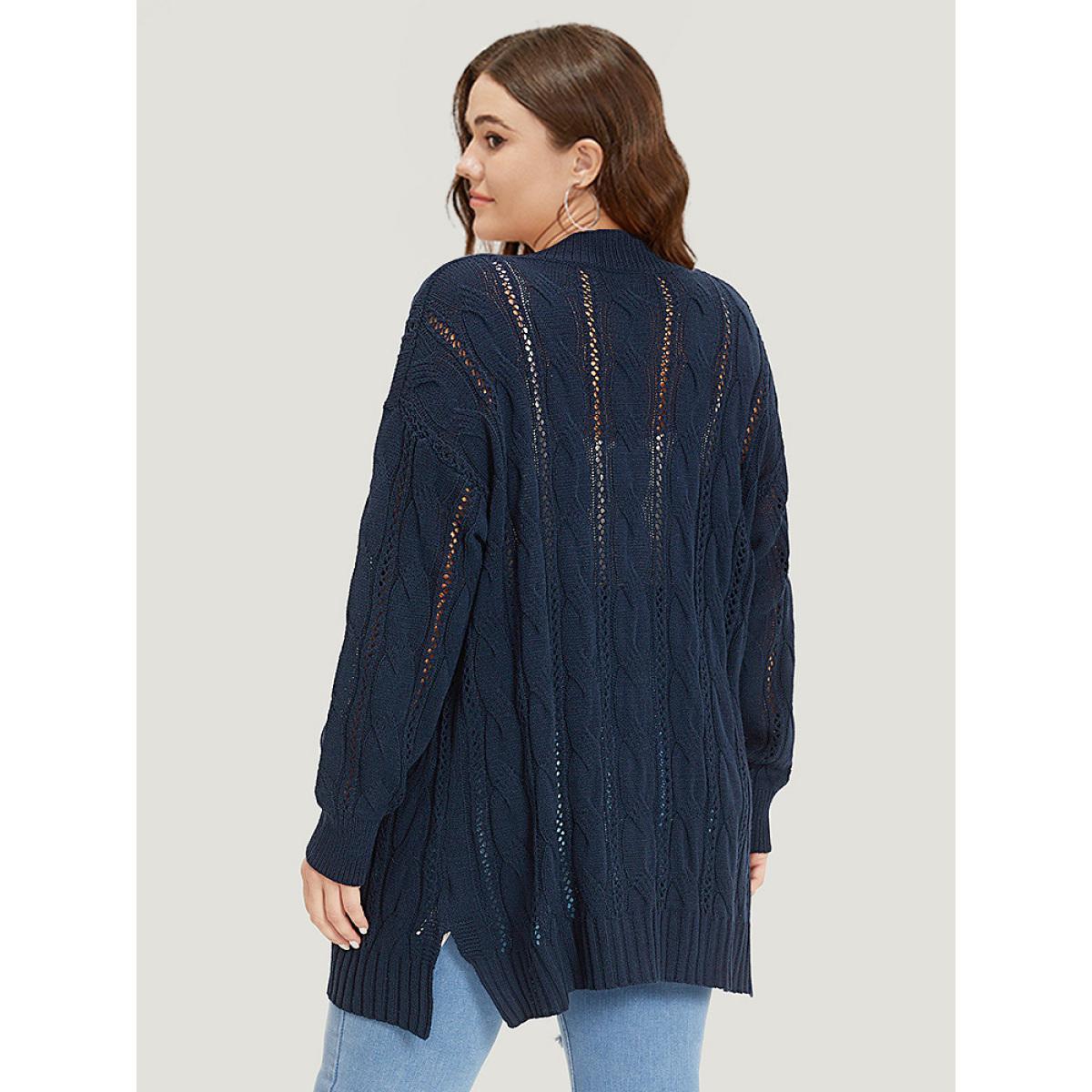 Plus Size Plain Button Up Cable Knit Split Side Cardigan Indigo Women Casual Loose Long Sleeve Everyday Cardigans BloomChic 14-16/1X Product Image