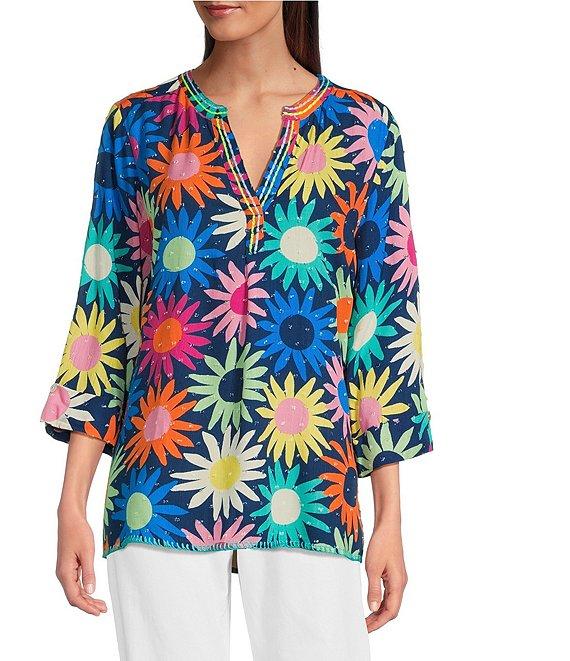 Tru Luxe Jeans Split V-Neck 3/4 Sleeve Knit Floral Print Blouse Product Image