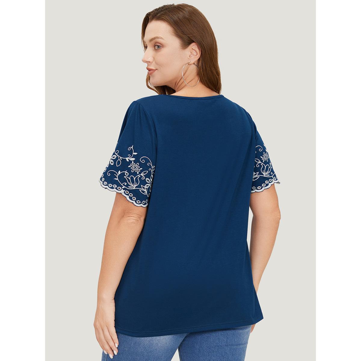 Plus Size Floral Broderie Anglaise Ruffle Sleeve T-shirt DarkBlue Women Elegant Broderie anglaise Floral Round Neck Dailywear T-shirts BloomChic 22-24/3X Product Image