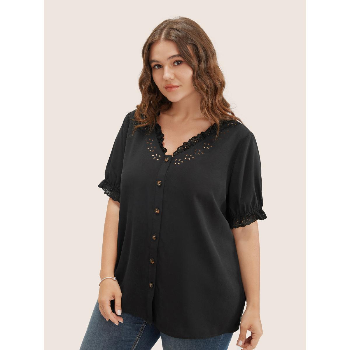 Plus Size Black Solid Lace Trim Button Up Laser Cut Puff Sleeve Blouse Women Elegant Short sleeve V-neck Everyday Blouses BloomChic 10/M Product Image