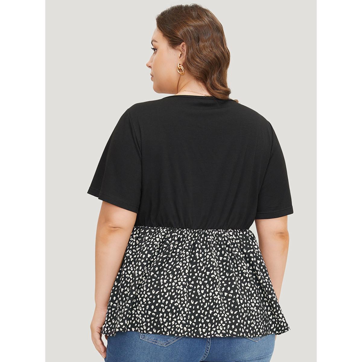 Plus Size Black Leopard Patchwork Twist Ruffle Sleeve Blouse Women Elegant Short sleeve V-neck Dailywear Blouses BloomChic 26/4X Product Image