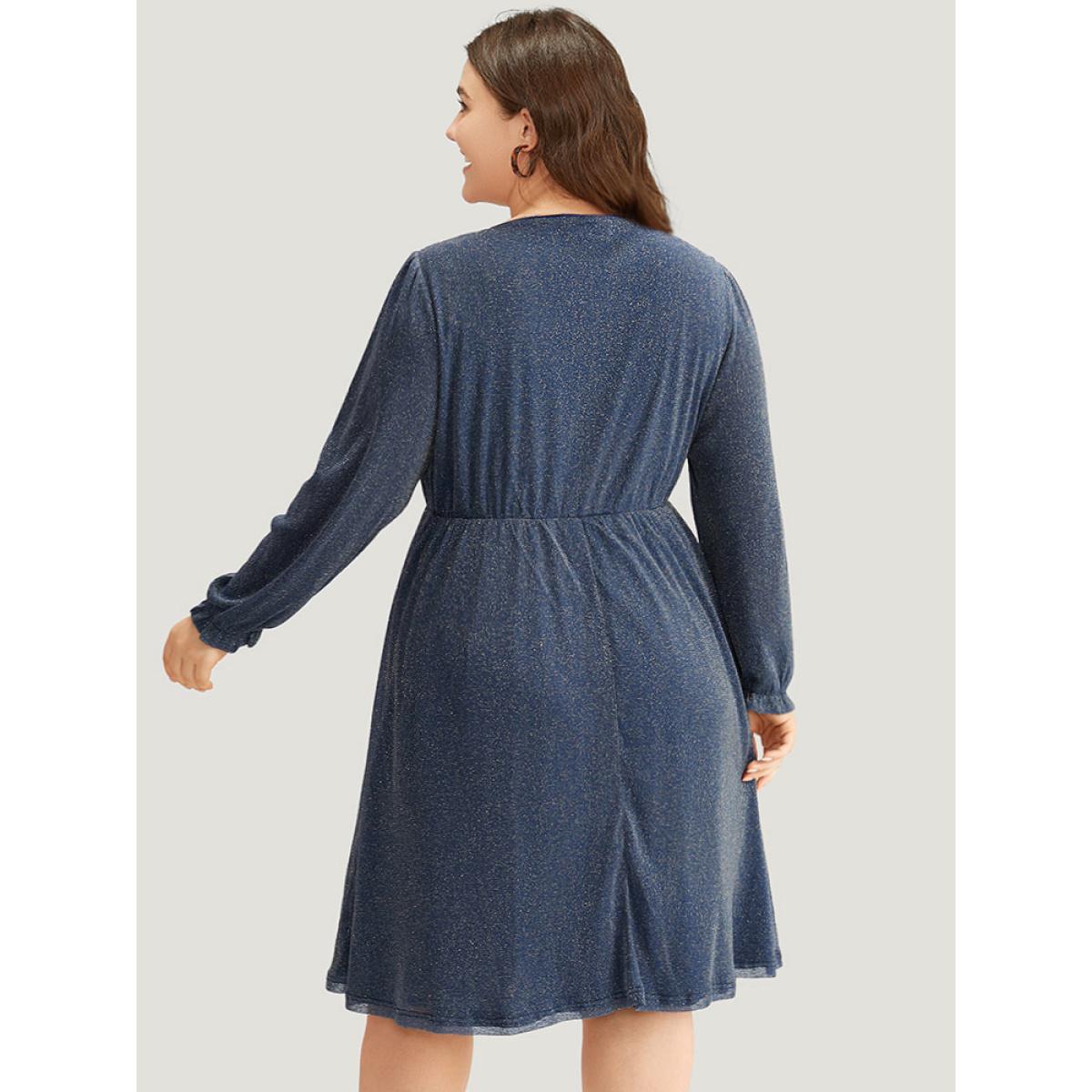 Plus Size Glitter Crew Neck Pocket Pleated Dress Aegean Women Party Elastic cuffs Round Neck Long Sleeve Curvy Midi Dress BloomChic 30/6X Product Image