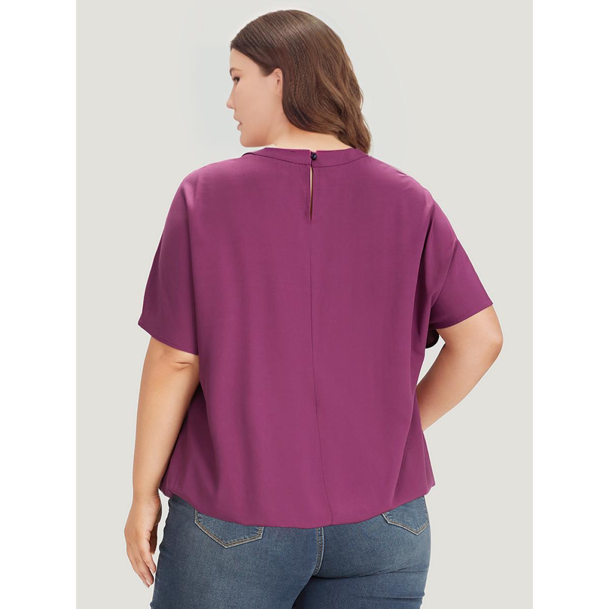 Plus Size Purple Solid Keyhole Gathered Dolman Sleeve Blouse Women Office Short sleeve V-neck Office Blouses BloomChic 14-16/1X Product Image