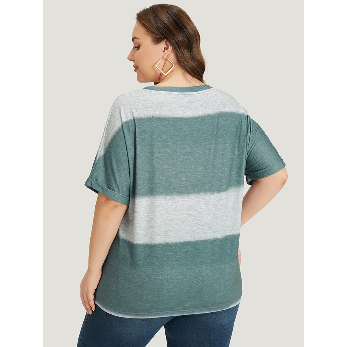 Plus Size Striped Contrast Roll Dolman Sleeve T-shirt DimGray Women Casual Contrast Striped Round Neck Everyday T-shirts BloomChic 30/6X Product Image