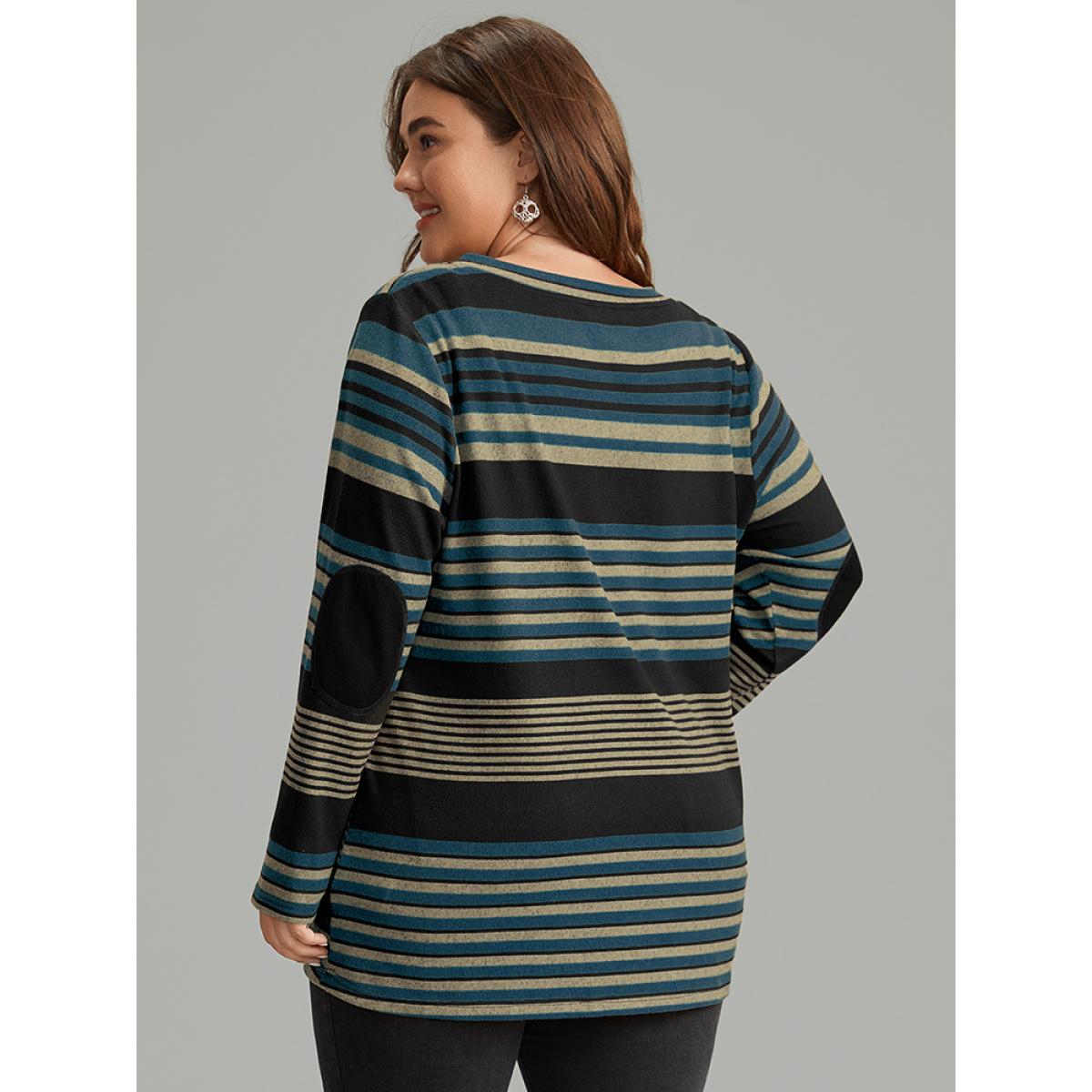 Plus Size Halloween Striped Contrast Button Detail T-shirt Blue Women Casual Contrast Striped V-neck Festival-Halloween T-shirts BloomChic 22-24/3X Product Image