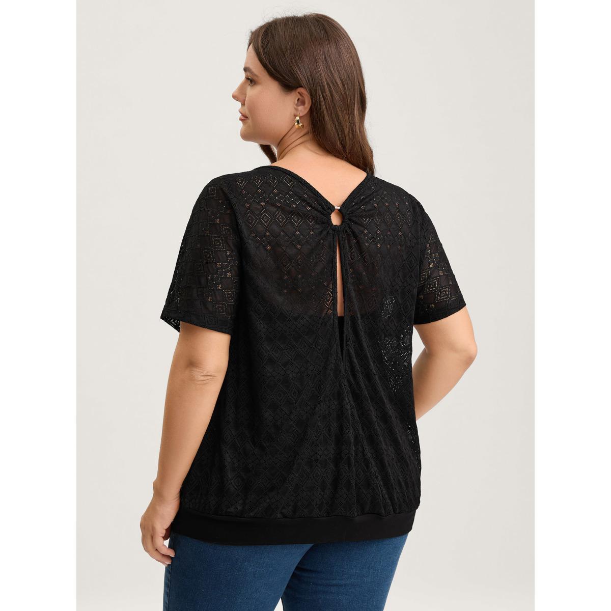 Plus Size Geometric Lace Back Cut-Out T-Shirt Black Women Timeless Round Neck Elegant T-shirts BloomChic 28/5X Product Image