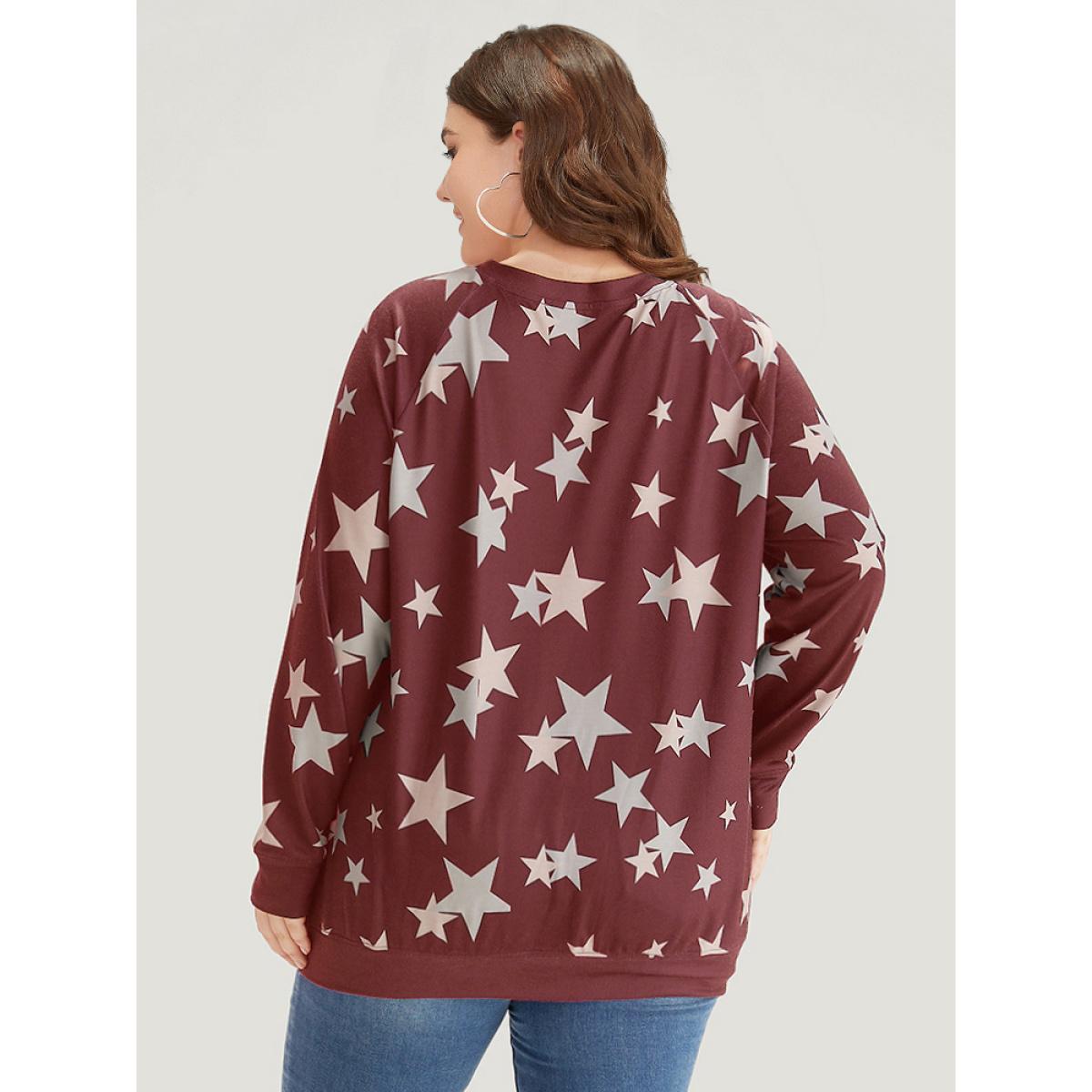 Plus Size Star Print V Neck Raglan Sleeve Sweatshirt Women Raspberry Elegant Elastic cuffs V-neck Dailywear Sweatshirts BloomChic 14-16/1X Product Image