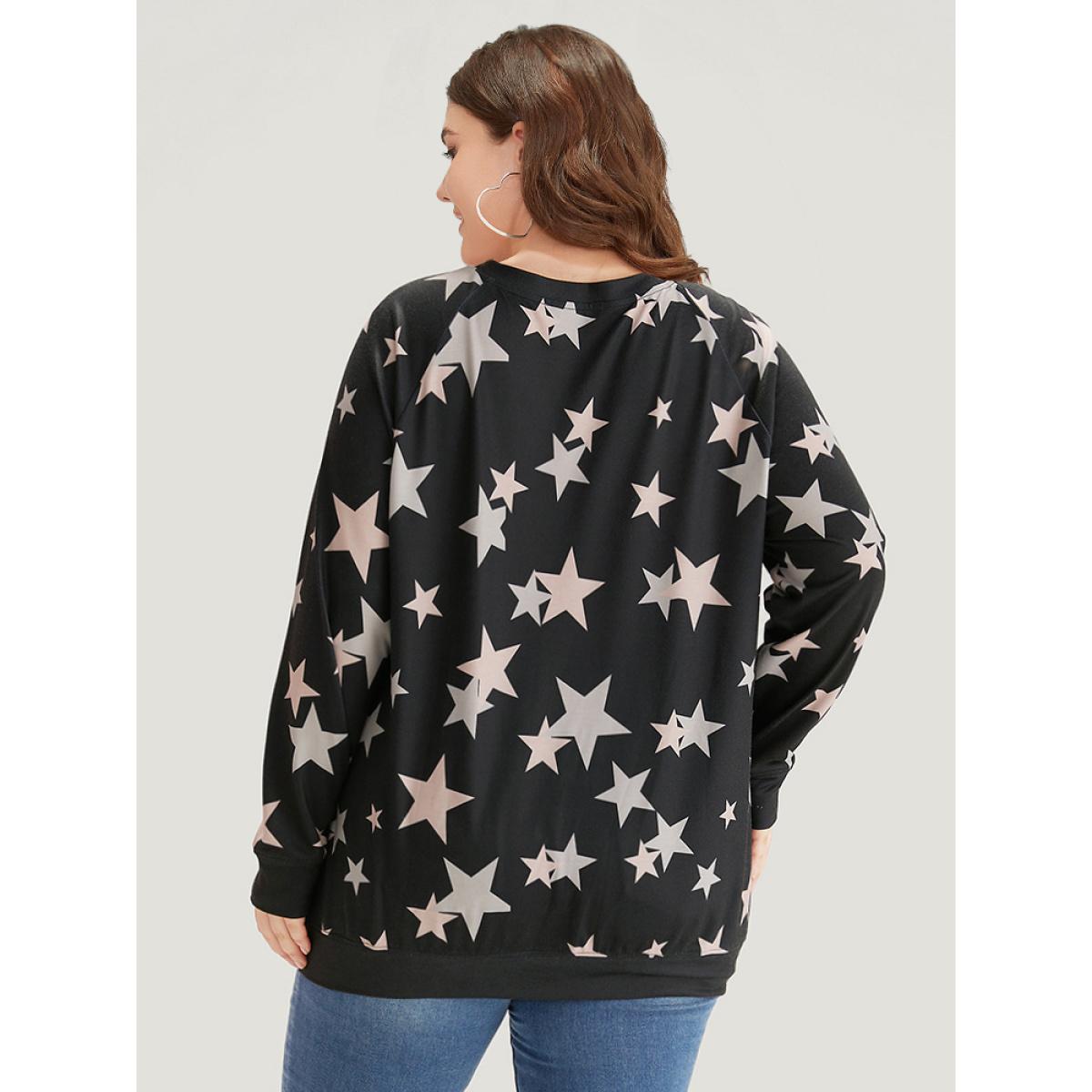 Plus Size Star Print V Neck Raglan Sleeve Sweatshirt Women Black Elegant Elastic cuffs V-neck Dailywear Sweatshirts BloomChic 22-24/3X Product Image