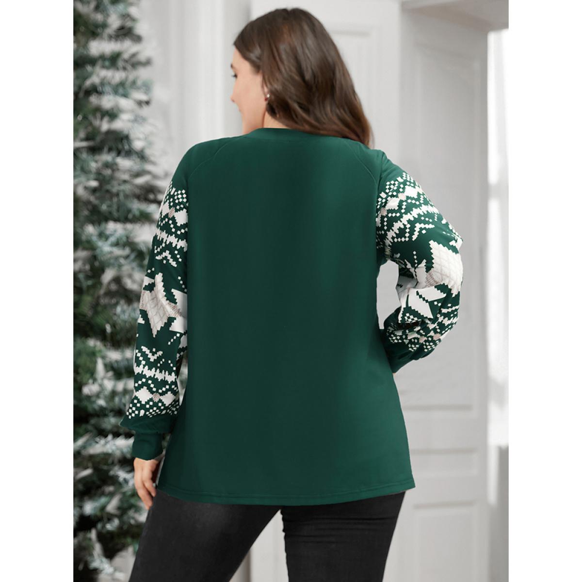 Plus Size Snowflake Print V Neck Drop Shoulder Sweatshirt Women DarkGreen Casual Contrast V-neck Festival-Christmas Sweatshirts BloomChic 26/4X Product Image