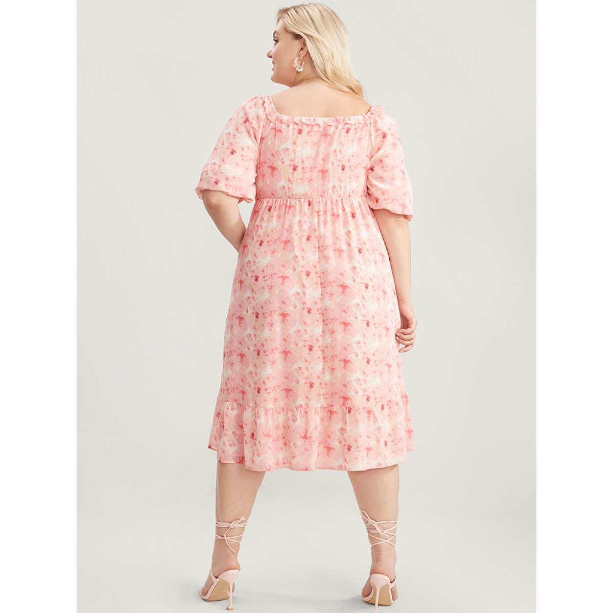 Plus Size Tie Dye Square Neck Puff Sleeve Pocket Ruffle Hem Dress Crepe Women Elegant Pocket Square Neck Short sleeve Curvy Knee Dress BloomChic 18-20/2X Product Image